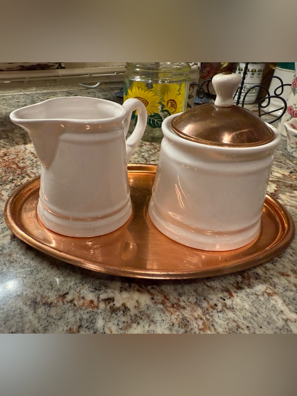 White Ceramic Sugar and Creamer Set with Copper Accents